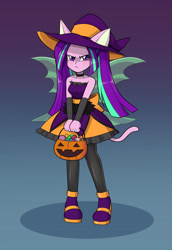 Size: 1100x1600 | Tagged: safe, artist:mew-me, character:aria blaze, species:eqg human, g4, candy, catgirl, costume, halloween, solo, witch