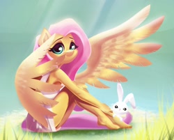 Size: 1024x824 | Tagged: safe, artist:bluemey_, character:angel bunny, character:fluttershy, species:anthro, g4, dress, grass, looking at you, sunlight
