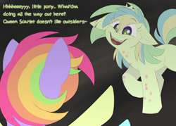Size: 1400x1000 | Tagged: safe, artist:scarletverse, artist:taaffeite, oc, oc only, oc:aurora borealis, oc:lemongrass, species:pegasus, species:pony, species:unicorn, comic:once upon a time, scarletverse, broken horn, colored wings, dialogue, duo, female, horn, mare, semi-grimdark series, simple background