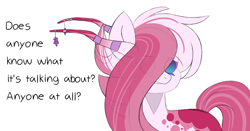 Size: 1134x596 | Tagged: safe, artist:scarletverse, artist:taaffeite, oc, oc only, oc:nightmare, species:pony, scarletverse, blank eyes, dialogue, horns, male, simple background, solo, stallion, white background