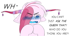 Size: 1200x606 | Tagged: safe, artist:scarletverse, artist:taaffeite, oc, oc only, oc:nightmare, species:pony, scarletverse, blushing, blushing profusely, dialogue, flustered, horns, male, simple background, solo, stallion, white background