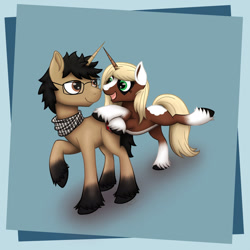 Size: 1600x1600 | Tagged: safe, artist:serenepony, oc, species:pony, species:unicorn, blank flank, couple, female, glasses, looking at each other, male, mare, pose, raised hoof, simple background, smiling, stallion, tube scarf, unshorn fetlocks