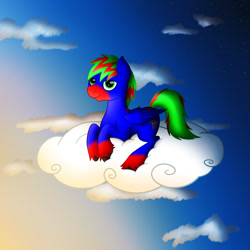 Size: 1280x1280 | Tagged: safe, artist:serenepony, oc, oc:game flight, species:pegasus, species:pony, cloud, dusk, looking at you, request, sitting on a cloud, sky, solo, stars, sunset, unshorn fetlocks