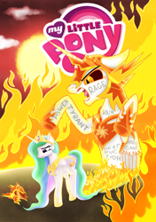 Size: 2556x3627 | Tagged: safe, artist:serenepony, character:daybreaker, character:princess celestia, species:alicorn, species:pony, female, fire, helmet, mare, my little pony logo, open mouth, request, sad