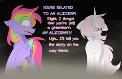 Size: 1214x789 | Tagged: safe, artist:scarletverse, artist:taaffeite, derpibooru original, oc, oc only, oc:aurora borealis, oc:scarlet starlight, parent:oc:cyberia starlight, parent:oc:sakura starlight, species:pegasus, species:pony, species:unicorn, comic:once upon a time, colored wings, colored wingtips, curved horn, dialogue, female, horn, mare, semi-grimdark series, simple background, text, wings