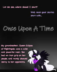 Size: 3500x4412 | Tagged: safe, artist:scarletverse, artist:taaffeite, derpibooru original, oc, oc only, oc:aurora borealis, oc:eclipsa, oc:scarlet starlight, species:alicorn, species:pony, comic:once upon a time, alicorn oc, blank eyes, curved horn, dialogue, ethereal mane, female, horn, jewelry, mare, regalia, semi-grimdark series, simple background, sparkles, spread wings, storytelling, text, wings