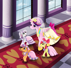 Size: 2753x2659 | Tagged: safe, artist:serenepony, character:apple bloom, character:princess cadance, character:scootaloo, character:sweetie belle, species:alicorn, species:earth pony, species:pegasus, species:pony, species:unicorn, bride, carpet, clothing, cute, cutie mark crusaders, dress, flower, flower filly, flower girl, flower girl dress, flower in hair, hallway, marriage, pillar, ring, royal wedding, unshorn fetlocks, wedding, wedding dress, wedding ring, wedding veil