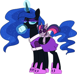 Size: 916x878 | Tagged: safe, artist:taaffeite, derpibooru original, character:nightmare moon, character:princess luna, character:twilight sparkle, character:twilight sparkle (alicorn), species:alicorn, species:pony, bunny slippers, clothing, coffee mug, ethereal mane, implied twimoon, looking at you, magic, mug, pajamas, redraw, simple background, slippers, telekinesis, transparent background, twilight sparkle plushie