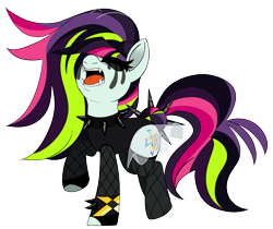 Size: 2021x1701 | Tagged: safe, artist:taaffeite, derpibooru original, character:coloratura, character:countess coloratura, species:earth pony, species:pony, alternate design, angry, clothing, collar, cutie mark, fangs, female, fishnets, makeup, mare, movie accurate, open mouth, running makeup, simple background, singing, solo, spiked collar, transparent background