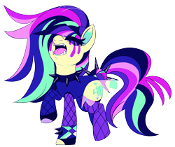 Size: 2021x1701 | Tagged: safe, alternate version, artist:taaffeite, derpibooru original, character:coloratura, character:countess coloratura, species:earth pony, species:pony, alternate design, angry, clothing, collar, cutie mark, fangs, female, fishnets, makeup, mare, movie accurate, neon, open mouth, running makeup, simple background, singing, solo, spiked collar, transparent background