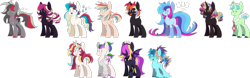 Size: 1597x500 | Tagged: safe, artist:taaffeite, oc, oc only, species:bat pony, species:earth pony, species:pegasus, species:pony, species:unicorn, adoptable, bracelet, clothing, cloven hooves, collar, colored hooves, female, filly, freckles, heterochromia, hoodie, jewelry, male, mare, necktie, simple background, spiked collar, stallion, transparent background, unshorn fetlocks