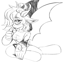 Size: 1014x983 | Tagged: safe, artist:taaffeite, derpibooru original, oc, oc only, unnamed oc, species:anthro, species:demon pony, black and white, blushing, clothing, demon, freckles, grayscale, horns, lineart, looking at you, monochrome, original species, short shirt, simple background, underwear, white background, wings