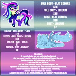 Size: 4900x4901 | Tagged: safe, artist:taaffeite, derpibooru original, character:coloratura, character:countess coloratura, character:rainbow dash, species:earth pony, species:pegasus, species:pony, advertisement, blushing, clothing, commission info, female, gradient background, makeup, mare, open mouth, prone, raised hoof, running makeup, singing, sketch, spread wings, text, wings