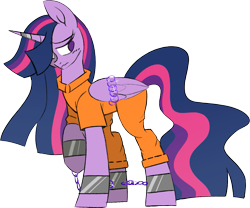 Size: 1389x1157 | Tagged: safe, artist:taaffeite, derpibooru original, character:twilight sparkle, character:twilight sparkle (alicorn), species:alicorn, species:pony, bound wings, chains, clothing, commission, crystal chains, cuffs, duckery in the description, ethereal mane, horn, horn ring, magic suppression, princess twilight 2.0, prison outfit, prisoner, prisoner ts, punishment, shackles, simple background, solo, transparent background, wings