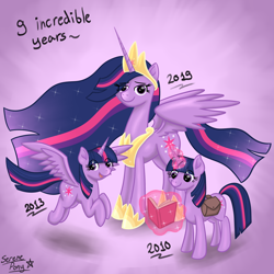 Size: 3000x3000 | Tagged: safe, artist:serenepony, character:twilight sparkle, character:twilight sparkle (alicorn), character:twilight sparkle (unicorn), species:alicorn, species:pony, species:unicorn, episode:the last problem, g4, my little pony: friendship is magic, book, female, flying, glowing horn, happy birthday mlp:fim, horn, jewelry, magic, mare, mlp fim's ninth anniversary, older, older twilight, princess twilight 2.0, regalia, saddle bag, satchel, simple background, spread wings, telekinesis, wings