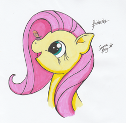 Size: 1873x1833 | Tagged: safe, artist:serenepony, character:fluttershy, species:pony, bust, butterfly, butterfly on nose, cute, female, insect on nose, looking at something, mare, open mouth, portrait, profile, shyabetes, simple background, smiling, solo, traditional art