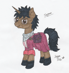 Size: 1687x1798 | Tagged: safe, artist:serenepony, oc, oc:serene tone, species:pony, species:unicorn, clothing, glasses, jacket, male, satchel, simple background, solo, stallion, tales of equestria, traditional art, tube scarf