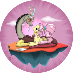 Size: 2622x2622 | Tagged: safe, artist:serenepony, character:discord, character:fluttershy, species:draconequus, species:pegasus, species:pony, ship:discoshy, episode:the last problem, g4, my little pony: friendship is magic, blushing, chaos, digital art, discorded landscape, female, floating island, looking at each other, male, mare, older, older fluttershy, shipping, smiling, straight