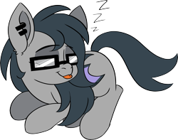 Size: 3277x2586 | Tagged: safe, artist:taaffeite, derpibooru original, oc, oc only, oc:graphite, species:pony, blep, commission, ear piercing, earring, female, glasses, jewelry, mare, onomatopoeia, piercing, prone, simple background, sleeping, solo, sound effects, tongue out, transparent background, zzz