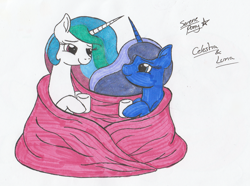 Size: 1945x1445 | Tagged: safe, artist:serenepony, character:princess celestia, character:princess luna, species:alicorn, species:pony, blanket, female, looking at each other, mare, mug, simple background, traditional art