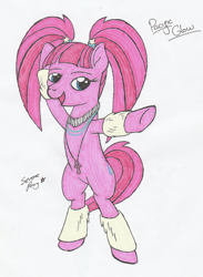 Size: 1681x2301 | Tagged: safe, artist:serenepony, character:pacific glow, species:earth pony, species:pony, bipedal, dancing, female, leg warmers, mare, pacifier, pigtails, simple background, solo, traditional art