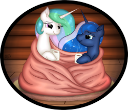 Size: 1832x1579 | Tagged: safe, artist:serenepony, character:princess celestia, character:princess luna, species:alicorn, species:pony, blanket, cabin, carpet, chocolate, digital art, duo, female, food, hot chocolate, log cabin, looking at each other, mare, mug, royal sisters, smiling, wooden floor, wrapped up