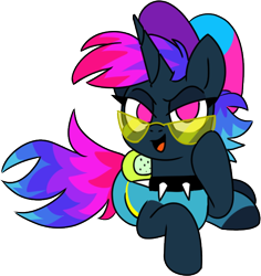 Size: 562x596 | Tagged: safe, artist:taaffeite, derpibooru original, oc, oc only, species:pony, species:unicorn, clothing, collar, commission, female, hat, mare, open mouth, prone, simple background, smiling, solo, spiked collar, sunglasses, transparent background