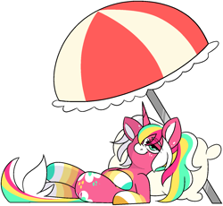 Size: 1452x1334 | Tagged: safe, artist:taaffeite, derpibooru original, oc, oc only, species:pony, species:unicorn, crossed legs, female, mare, multicolored hair, pillow, rainbow hair, simple background, smiling, solo, transparent background, umbrella