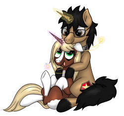 Size: 1196x1118 | Tagged: safe, artist:serenepony, oc, oc:serene tone, oc:sweetheart, species:pony, species:unicorn, 2020 community collab, derpibooru community collaboration, couple, cuddling, engagement ring, female, glasses, looking at each other, magic, male, mare, markings, simple background, smiling, stallion, transparent background, tube scarf