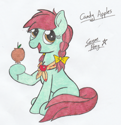 Size: 1373x1410 | Tagged: safe, artist:serenepony, character:candy apples, species:earth pony, species:pony, apple, apple family member, bow, braid, candy apple (food), caramel apple (food), female, food, hair bow, mare, neckerchief, pigtails, simple background, smiling, solo, traditional art