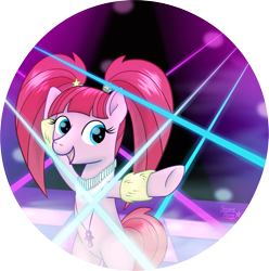 Size: 1835x1847 | Tagged: safe, artist:serenepony, character:pacific glow, species:earth pony, species:pony, bipedal, club pony party palace, dance floor, dancing, female, fog, glowstick, laser, leg warmers, mare, pacifier, pigtails, simple background, solo, traditional art, transparent background