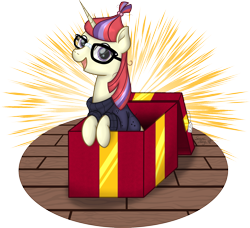 Size: 2164x1973 | Tagged: safe, artist:serenepony, character:moondancer, species:pony, species:unicorn, box, clothing, digital art, female, glasses, looking at you, mare, pony in a box, present, simple background, smiling, smiling at you, solo, transparent background, wooden floor