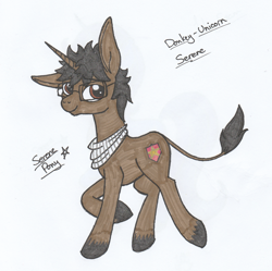 Size: 1778x1774 | Tagged: safe, alternate version, artist:serenepony, oc, oc:serene tone, species:donkey, species:pony, species:unicorn, donkey unicorn, glasses, hybrid, looking back, male, simple background, smiling, solo, stallion, traditional art, tube scarf