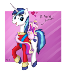 Size: 1776x1896 | Tagged: safe, artist:serenepony, character:princess cadance, character:shining armor, species:alicorn, species:pony, species:unicorn, clothing, digital art, eel, female, fish, looking back, male, mi amoray cadenza, moray eel, moray eel cadance, pun, salmon yet not salmon, simple background, smiling, species swap, stallion, suit, uniform, unshorn fetlocks