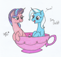 Size: 2156x2026 | Tagged: safe, artist:serenepony, character:starlight glimmer, character:trixie, species:pony, species:unicorn, cup, cute, female, looking at each other, mare, simple background, smiling, teacup, teacup poodle, that pony sure does love teacups, traditional art