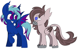 Size: 3871x2432 | Tagged: safe, artist:taaffeite, derpibooru original, oc, oc only, oc:dusk swirl, oc:night wing, species:bat pony, species:hippogriff, species:pony, bat pony oc, colored sketch, commission, duo, female, hippogriff oc, male, mare, raised hoof, simple background, sketch, smiling, transparent background, unshorn fetlocks