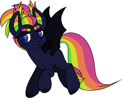 Size: 2678x2139 | Tagged: safe, artist:taaffeite, derpibooru original, oc, oc only, oc:2d frutti, species:bat pony, species:pony, bat pony oc, colored hooves, colorful, ear tufts, female, mare, multicolored hair, rainbow hair, simple background, solo, transparent background