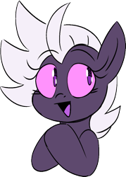 Size: 685x958 | Tagged: safe, artist:taaffeite, derpibooru original, oc, oc only, oc:cyberia starlight, species:earth pony, species:pony, bust, colored sclera, female, mare, open mouth, simple background, smiling, transparent background