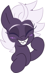 Size: 1139x1841 | Tagged: safe, artist:taaffeite, derpibooru original, oc, oc only, oc:cyberia starlight, species:earth pony, species:pony, blushing, bust, cute, eyes closed, female, mare, raised hoof, sharp teeth, simple background, smiling, teeth, transparent background, white eyebrows