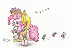 Size: 2433x1661 | Tagged: safe, artist:serenepony, character:pinkie pie, species:earth pony, species:pony, episode:swarm of the century, g4, my little pony: friendship is magic, accordion, banjo, bouncing, cymbals, female, harmonica, looking forward, mare, musical instrument, one man band, parasprite, simple background, solo, sousaphone, tambourine, traditional art