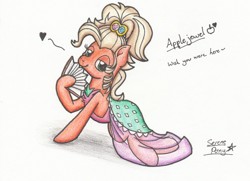 Size: 1879x1362 | Tagged: safe, artist:serenepony, character:applejack, species:earth pony, species:pony, alternate hairstyle, applejewel, clothing, dress, female, looking at you, pose, simple background, solo, traditional art
