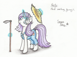 Size: 2331x1734 | Tagged: safe, artist:serenepony, character:rarity, species:pony, species:unicorn, episode:simple ways, g4, my little pony: friendship is magic, alternate hairstyle, clothing, female, hat, hoe, magic, mare, overalls, rarihick, simple background, solo, traditional art