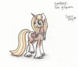 Size: 2094x1795 | Tagged: safe, artist:serenepony, oc, oc only, oc:sweetheart, species:pony, species:unicorn, bag, clothing, female, mare, saddle bag, scarf, simple background, solo, tales of equestria, traditional art, unshorn fetlocks