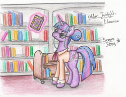 Size: 2180x1681 | Tagged: safe, artist:serenepony, character:twilight sparkle, character:twilight sparkle (unicorn), species:pony, species:unicorn, alternate timeline, alternate universe, book, bookshelf, clothing, female, friendship journal, glasses, librarian, library, magic, mare, older, older twilight, retirement, solo, traditional art