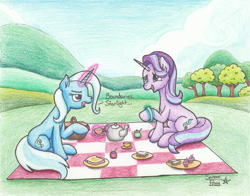 Size: 2467x1937 | Tagged: safe, artist:serenepony, character:starlight glimmer, character:trixie, species:pony, species:unicorn, episode:student counsel, basket, bracelet, cup, dialogue, female, food, jewelry, kettle, looking at each other, magic, mare, picnic, picnic basket, picnic blanket, teacup, teapot, traditional art, tree
