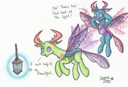Size: 2437x1666 | Tagged: safe, artist:serenepony, character:pharynx, character:prince pharynx, character:thorax, species:changeling, species:reformed changeling, a bug's life, behaving like a moth, brothers, bug zapper, bugs doing bug things, changedling brothers, colored pencil drawing, dialogue, flying, male, pixar, reference, siblings, simple background, this will end in pain, traditional art
