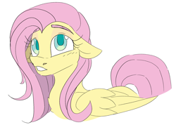 Size: 1678x1193 | Tagged: safe, artist:taaffeite, derpibooru original, character:fluttershy, species:pegasus, species:pony, alternate hairstyle, blushing, bust, chest fluff, female, mare, simple background, solo, white background