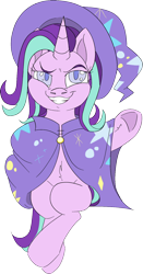 Size: 856x1632 | Tagged: safe, artist:taaffeite, derpibooru original, character:starlight glimmer, species:pony, species:unicorn, accessory swap, cape, clothing, crossed legs, female, hat, looking at you, mare, redraw, simple background, smiling, smug, smuglight glimmer, solo, transparent background, trixie's cape, trixie's hat