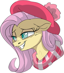 Size: 751x850 | Tagged: safe, artist:taaffeite, derpibooru original, character:fluttershy, species:pegasus, species:pony, blushing, bust, clothing, female, hat, mare, scarf, simple background, smiling, solo, transparent background