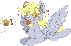 Size: 1362x888 | Tagged: safe, artist:taaffeite, derpibooru original, character:derpy hooves, species:pegasus, species:pony, blushing, chest fluff, cute, derpabetes, dialogue, eye clipping through hair, female, floating heart, heart, mare, missing cutie mark, mlem, muffin, pictogram, prone, silly, simple background, smiling, speech bubble, spread wings, that pony sure does love muffins, tongue out, transparent background, wings